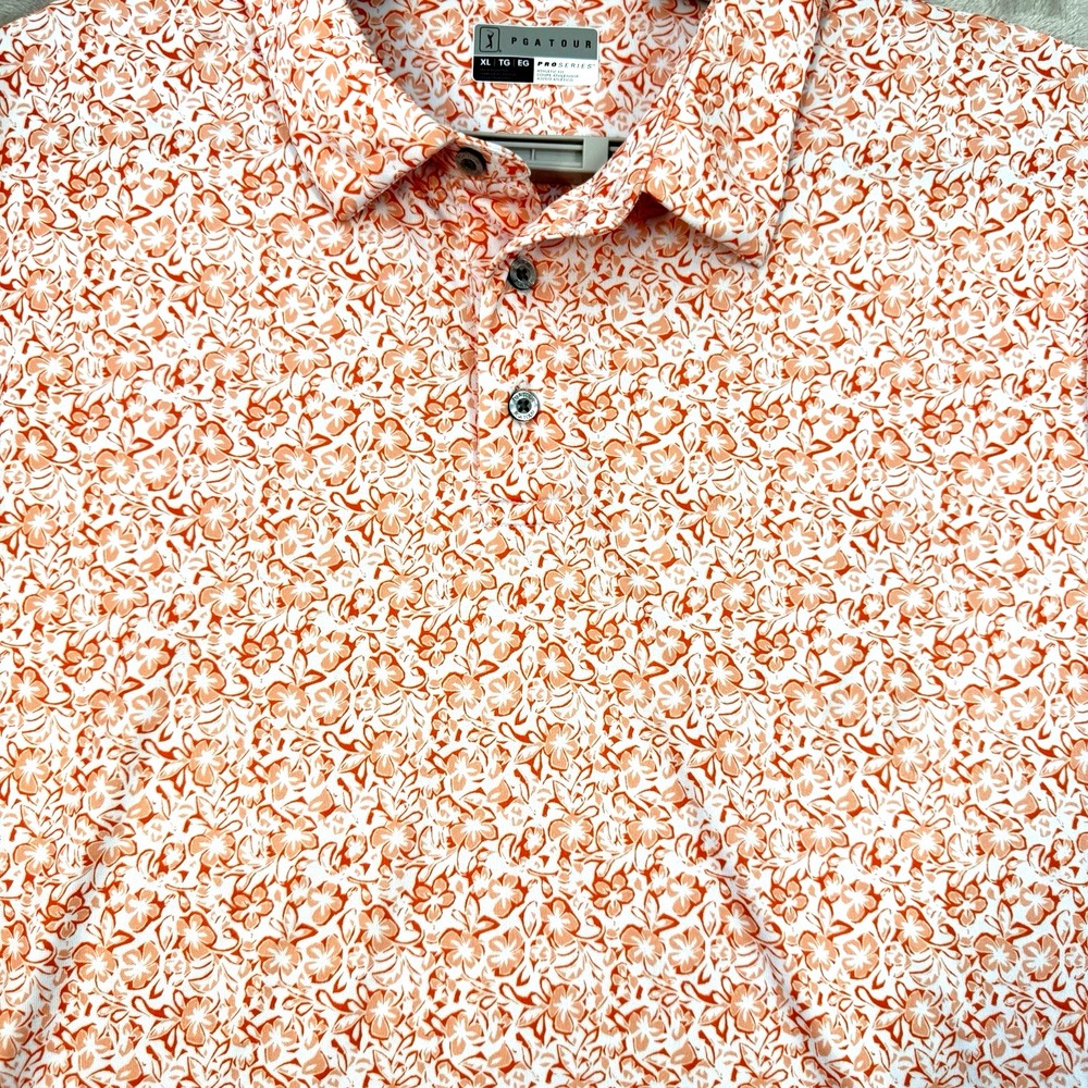 PGA Tour Pro Series Golf Polo Short Sleeve Polp Large Orange Floral Athletic Fit